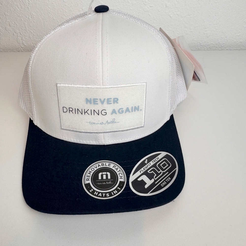 TravisMathew Never Drinking Again Flexfit 110 Trucker Hat White Navy New